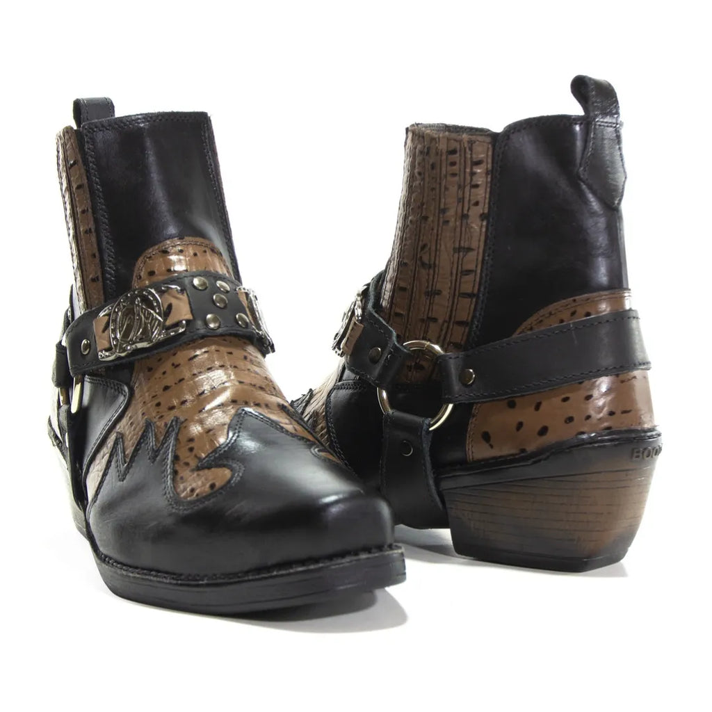 Bota Country Masculina Preta com Café em Couro Masculina com Cabresto Removível e Elástico