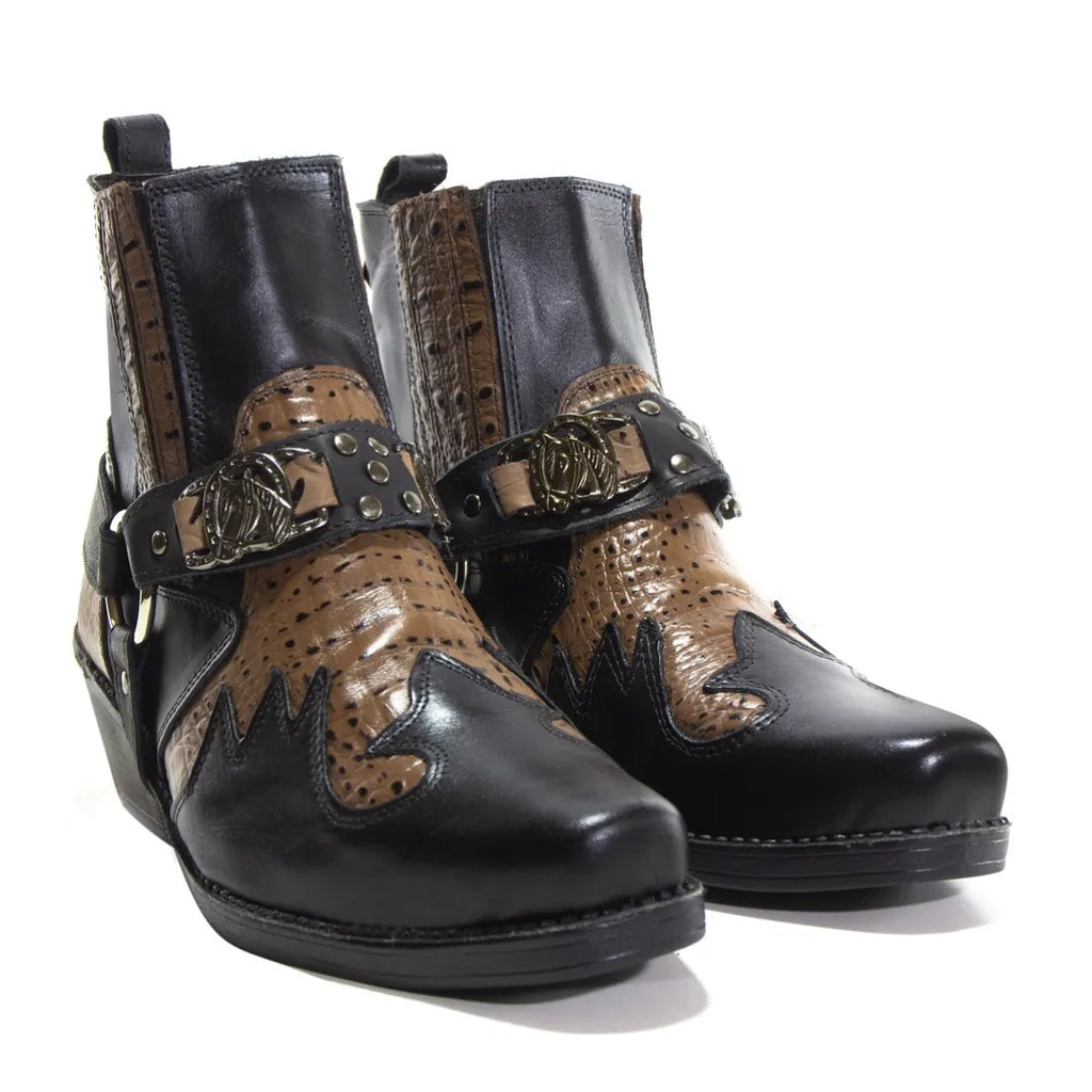 Bota Country Masculina Preta com Café em Couro Masculina com Cabresto Removível e Elástico