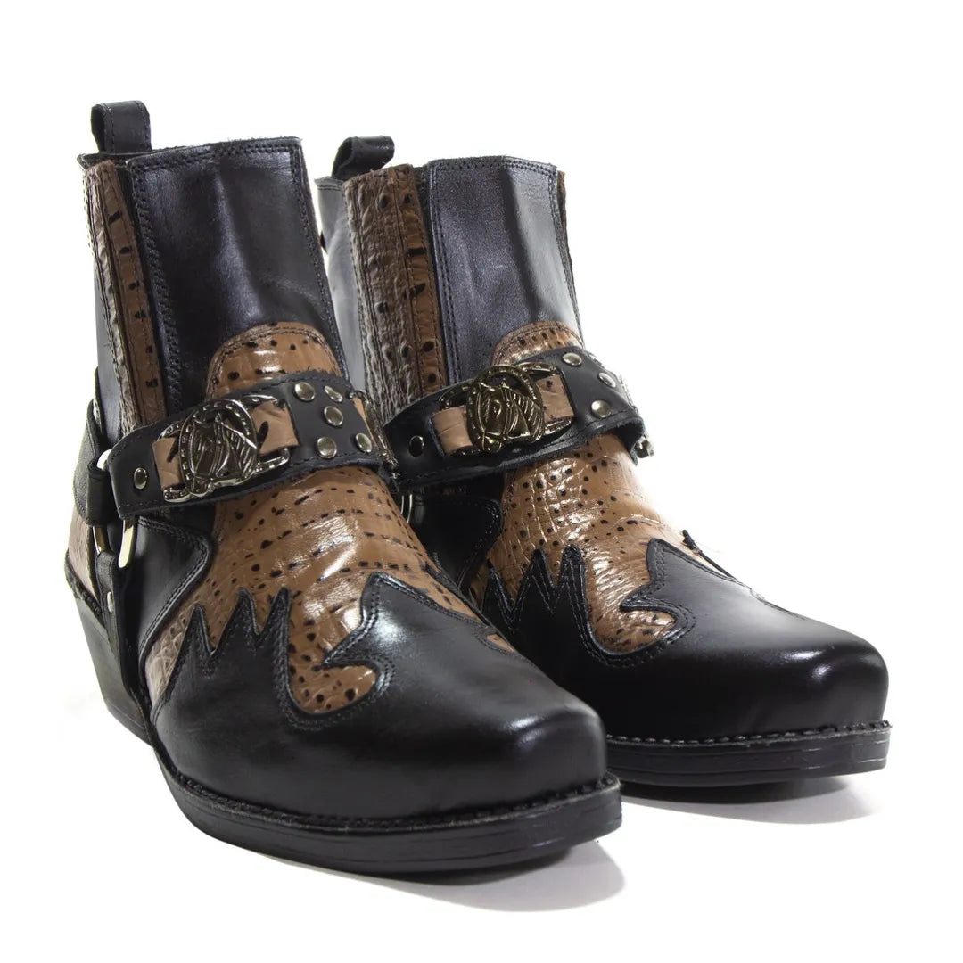 Bota Country Masculina Preta com Café em Couro Masculina com Cabresto Removível e Elástico