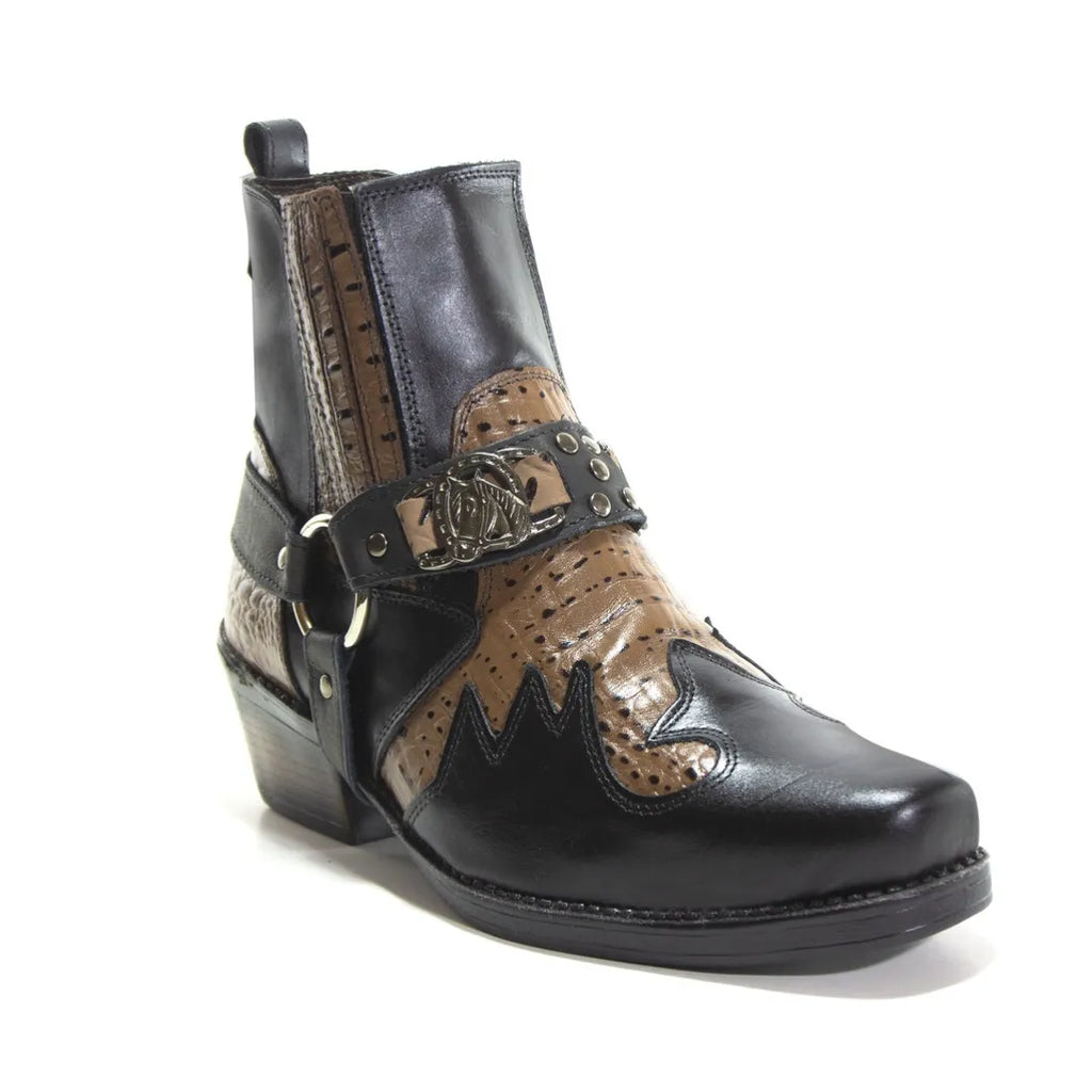 Bota Country Masculina Preta com Café em Couro Masculina com Cabresto Removível e Elástico