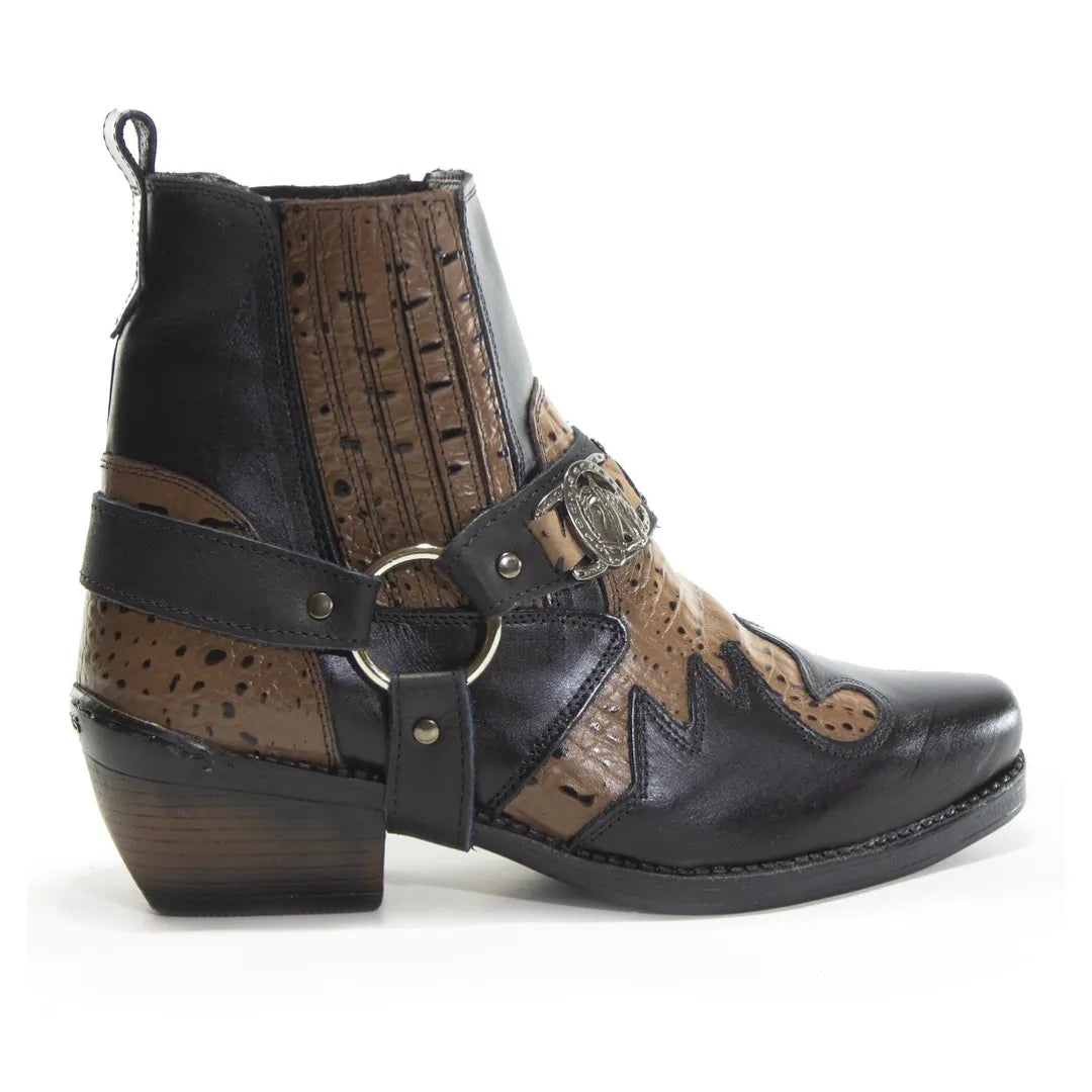 Bota Country Masculina Preta com Café em Couro Masculina com Cabresto Removível e Elástico