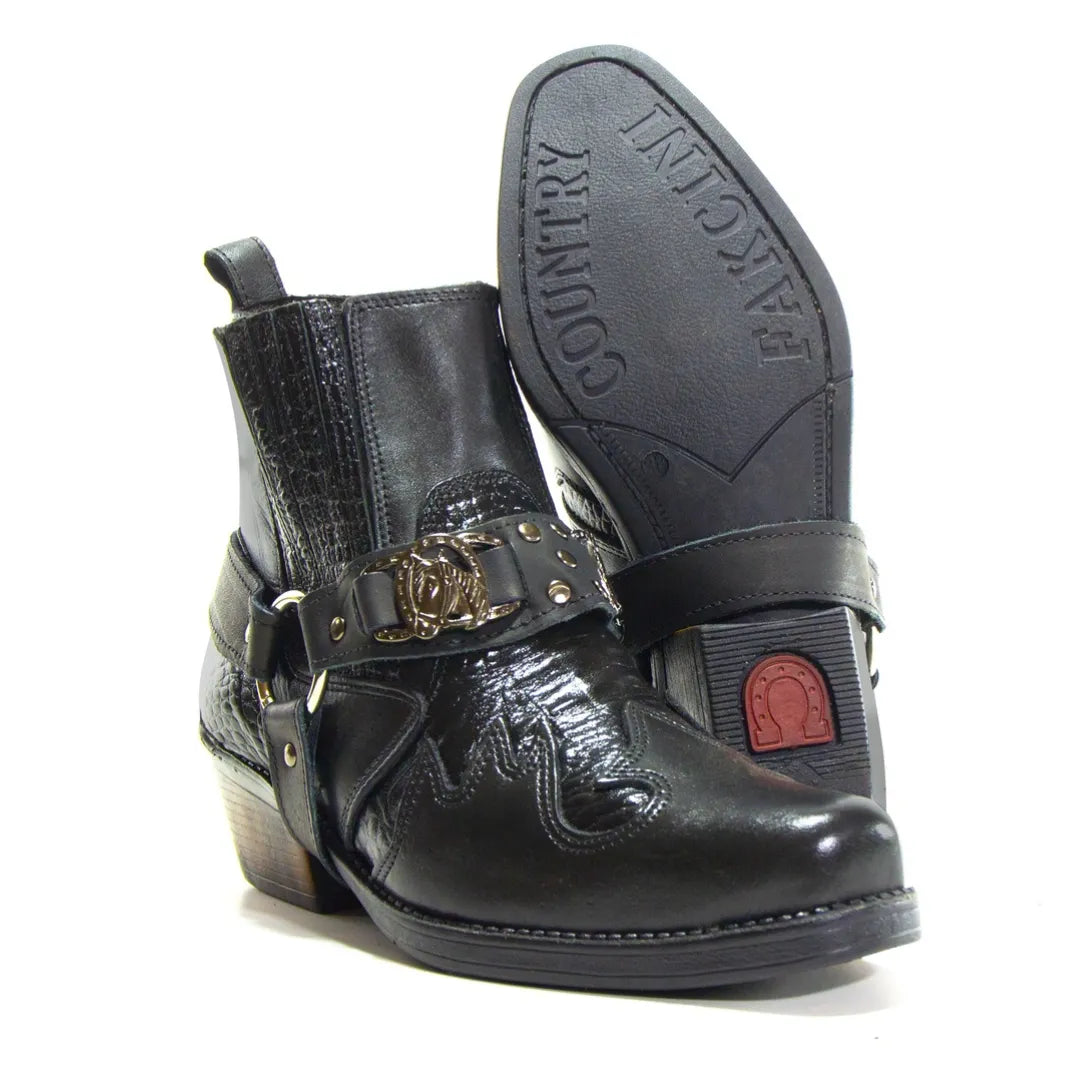 Bota Country Masculina Preta em Couro Masculina com Cabresto Removível e Elástico
