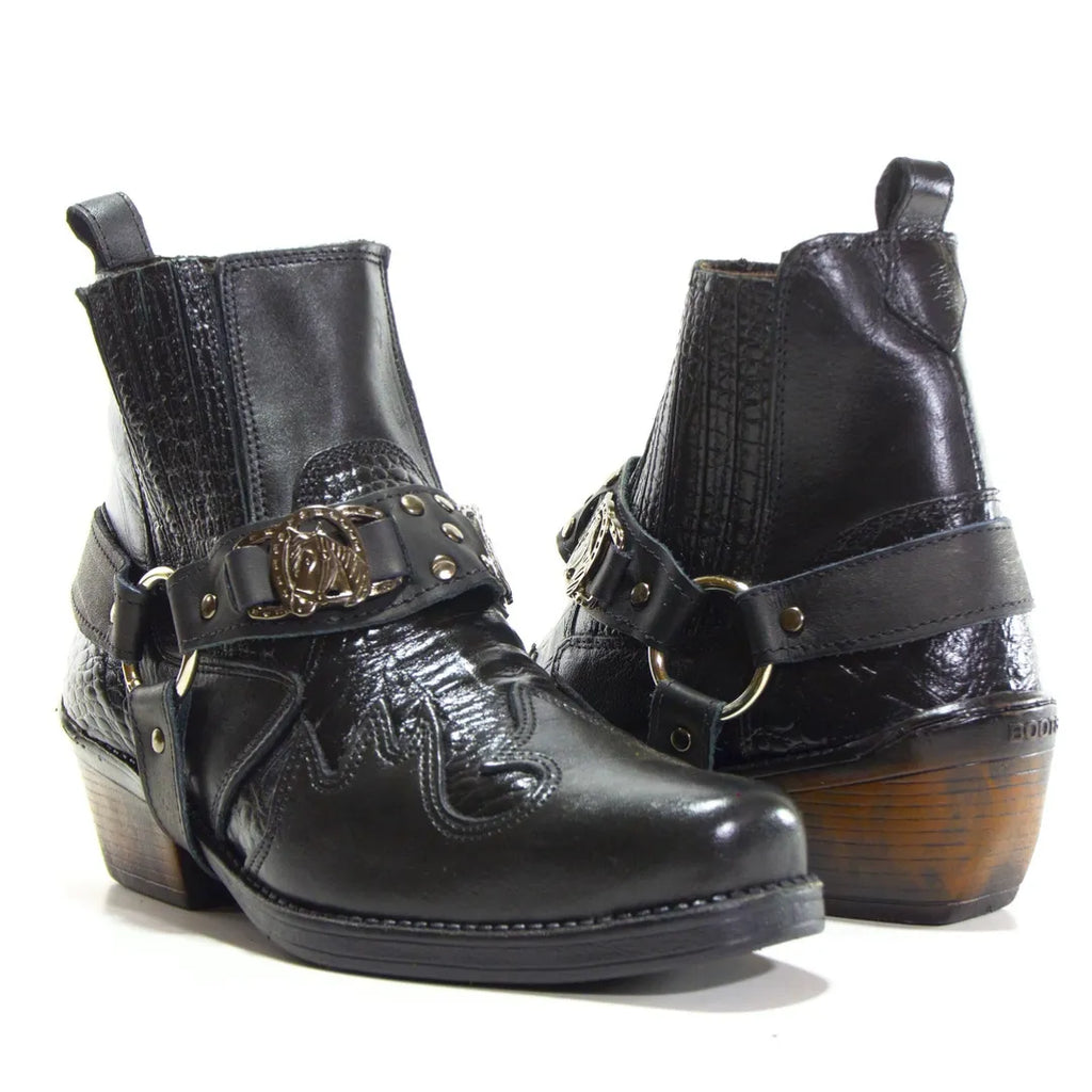 Bota Country Masculina Preta em Couro Masculina com Cabresto Removível e Elástico