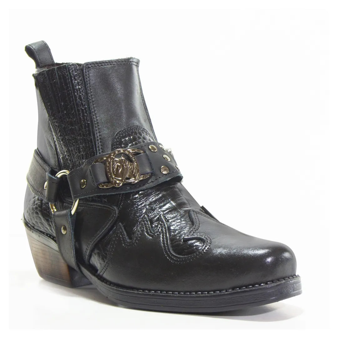 Bota Country Masculina Preta em Couro Masculina com Cabresto Removível e Elástico