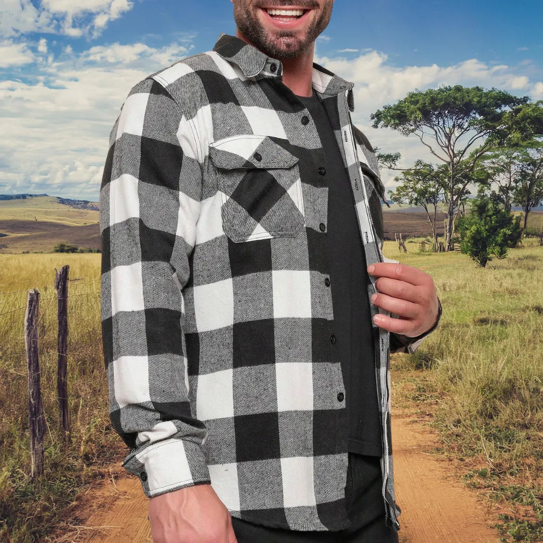 Camisa Xadrez Manga Longa Flanela Estilo Country Preto e Branco