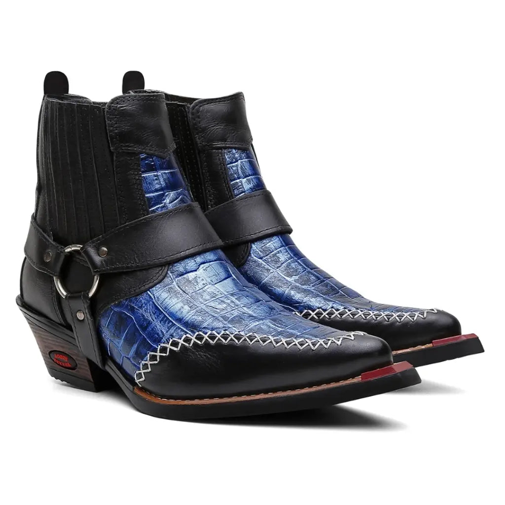 Bota Country Texana com Cabresto Removível Azul Bico Fino