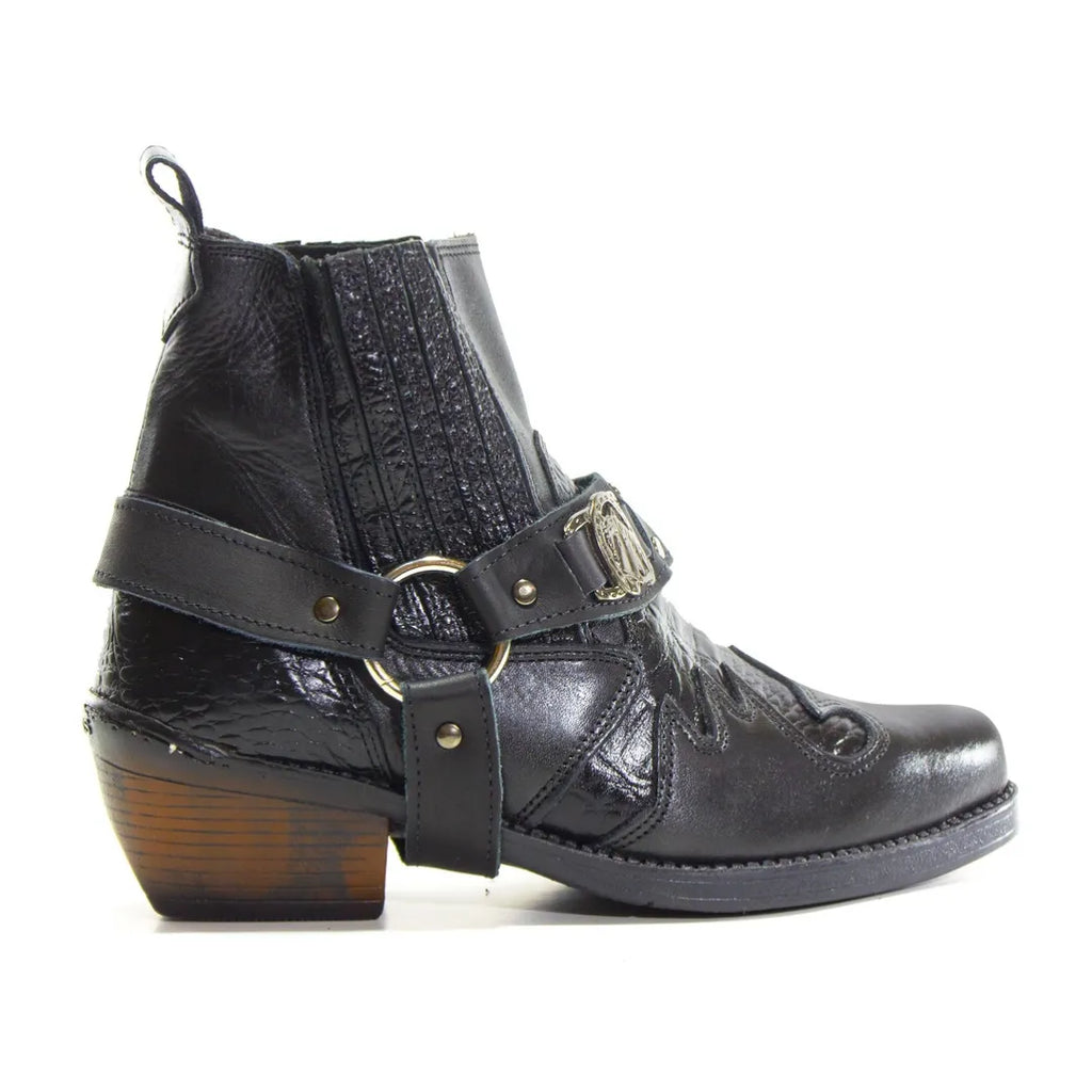 Bota Country Masculina Preta em Couro Masculina com Cabresto Removível e Elástico