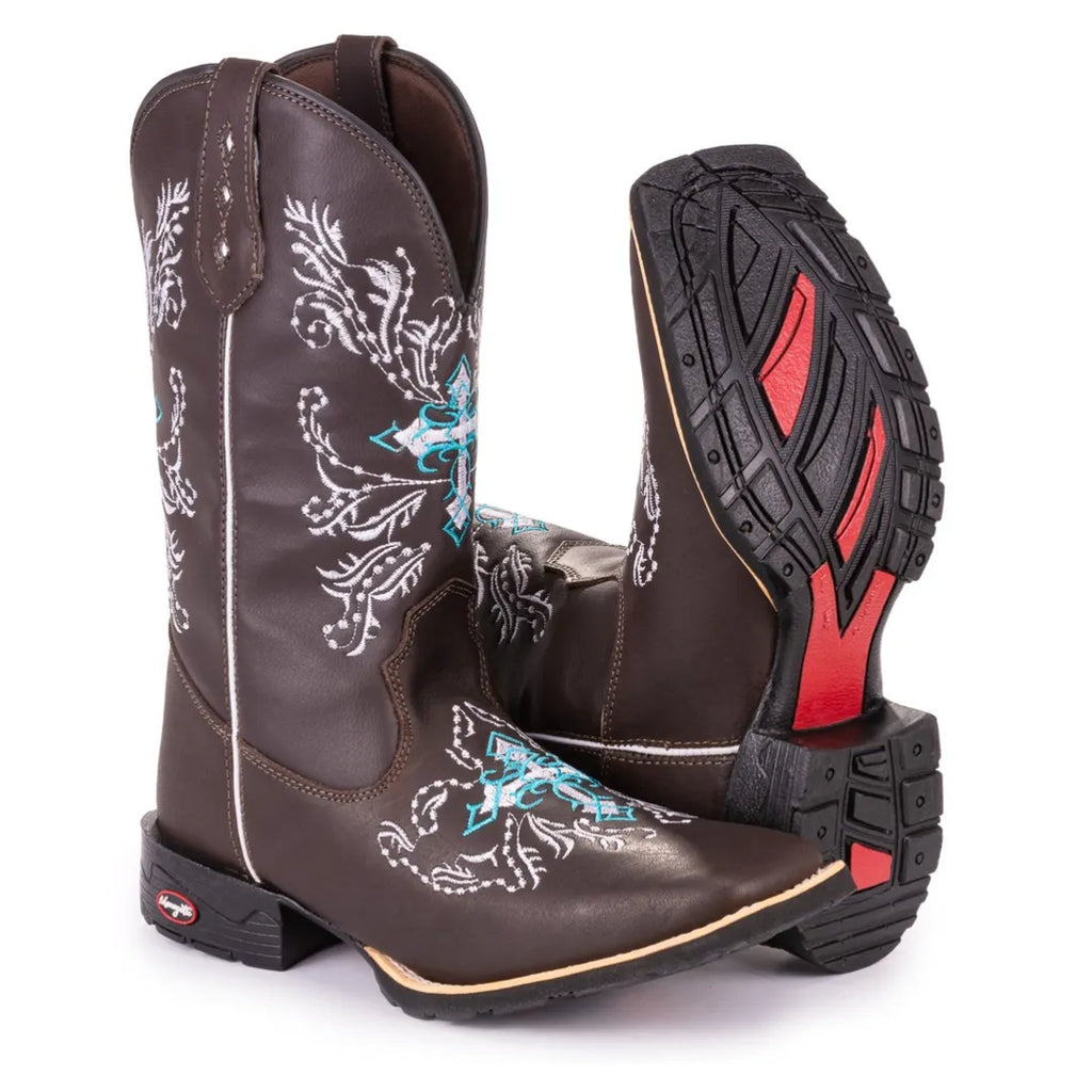 Bota Country Masculina Cano Alto Marrom e Cruz Azul Feminina