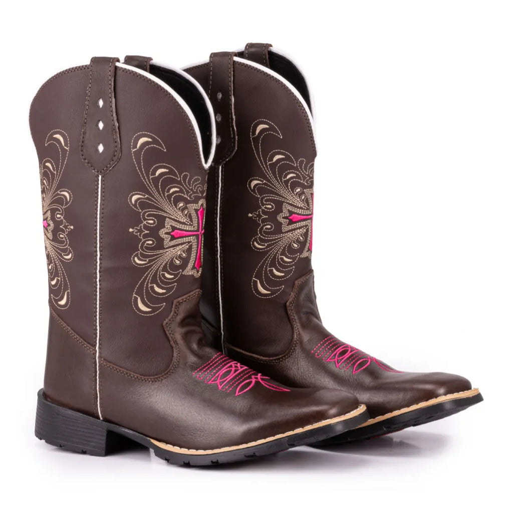 Bota Country Feminina Cano Alto Marrom e Cruz Rosa
