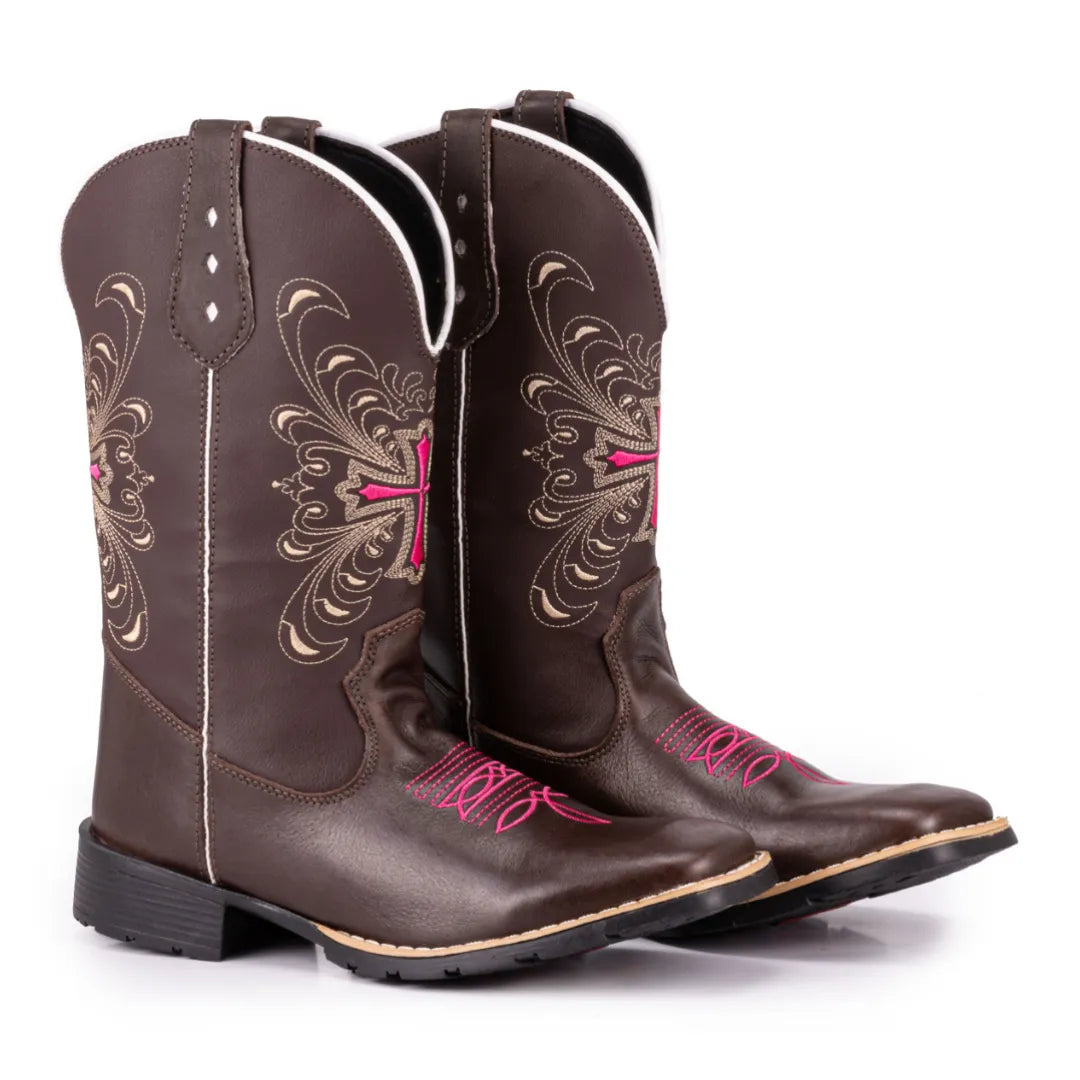 Bota Country Feminina Cano Alto Marrom e Cruz Rosa