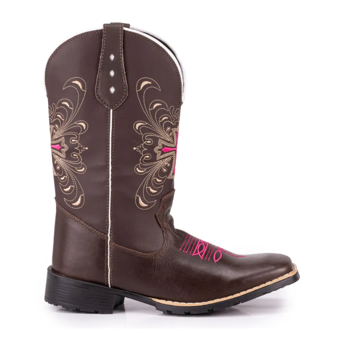 Bota Country Feminina Cano Alto Marrom e Cruz Rosa