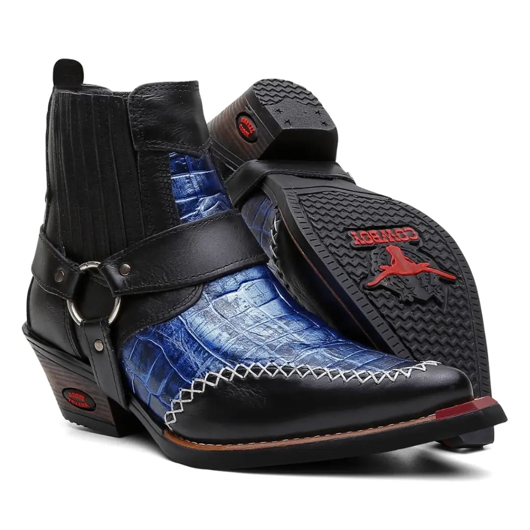 Bota Country Texana com Cabresto Removível Azul Bico Fino