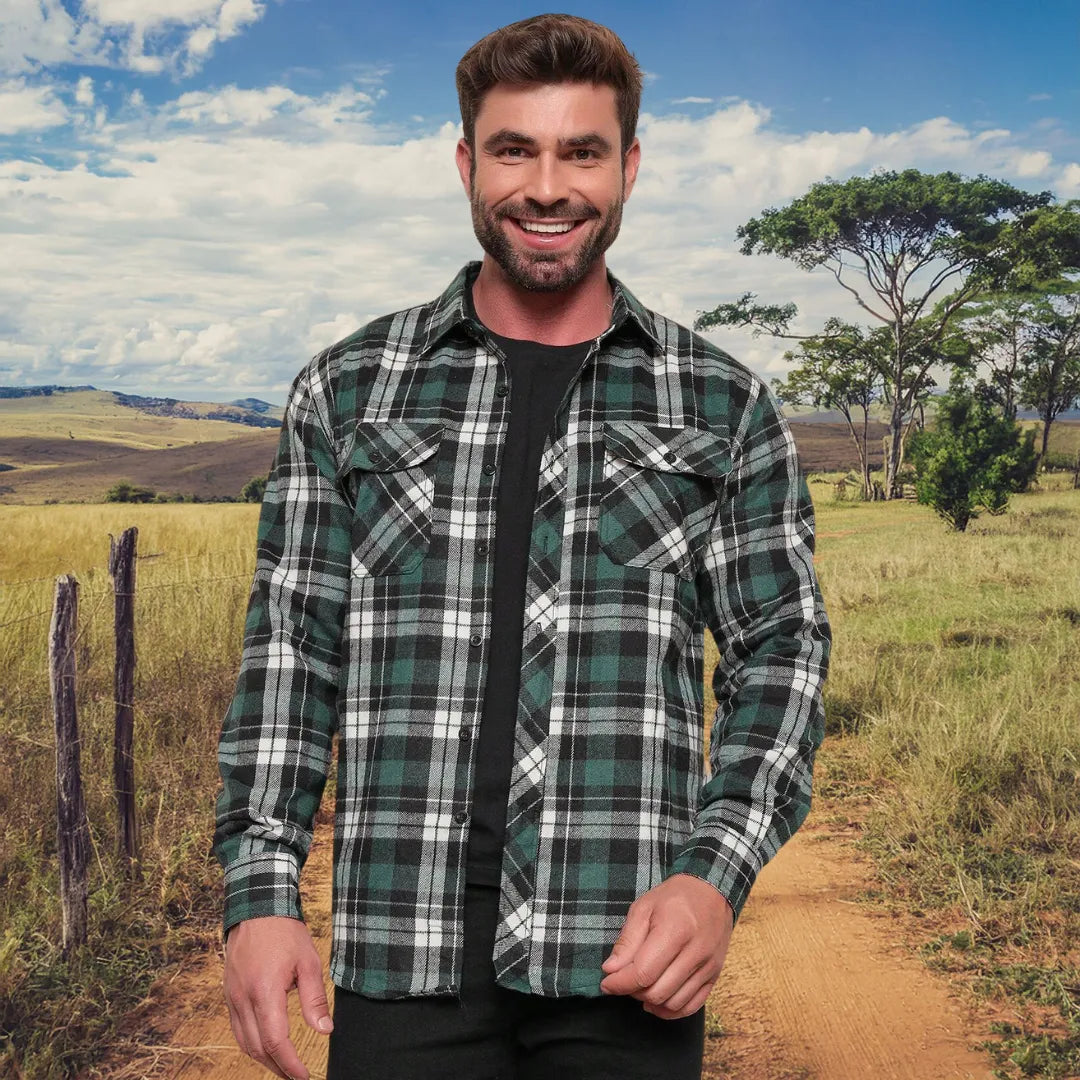 Camisa Xadrez Manga Longa Flanela Estilo Country Verde