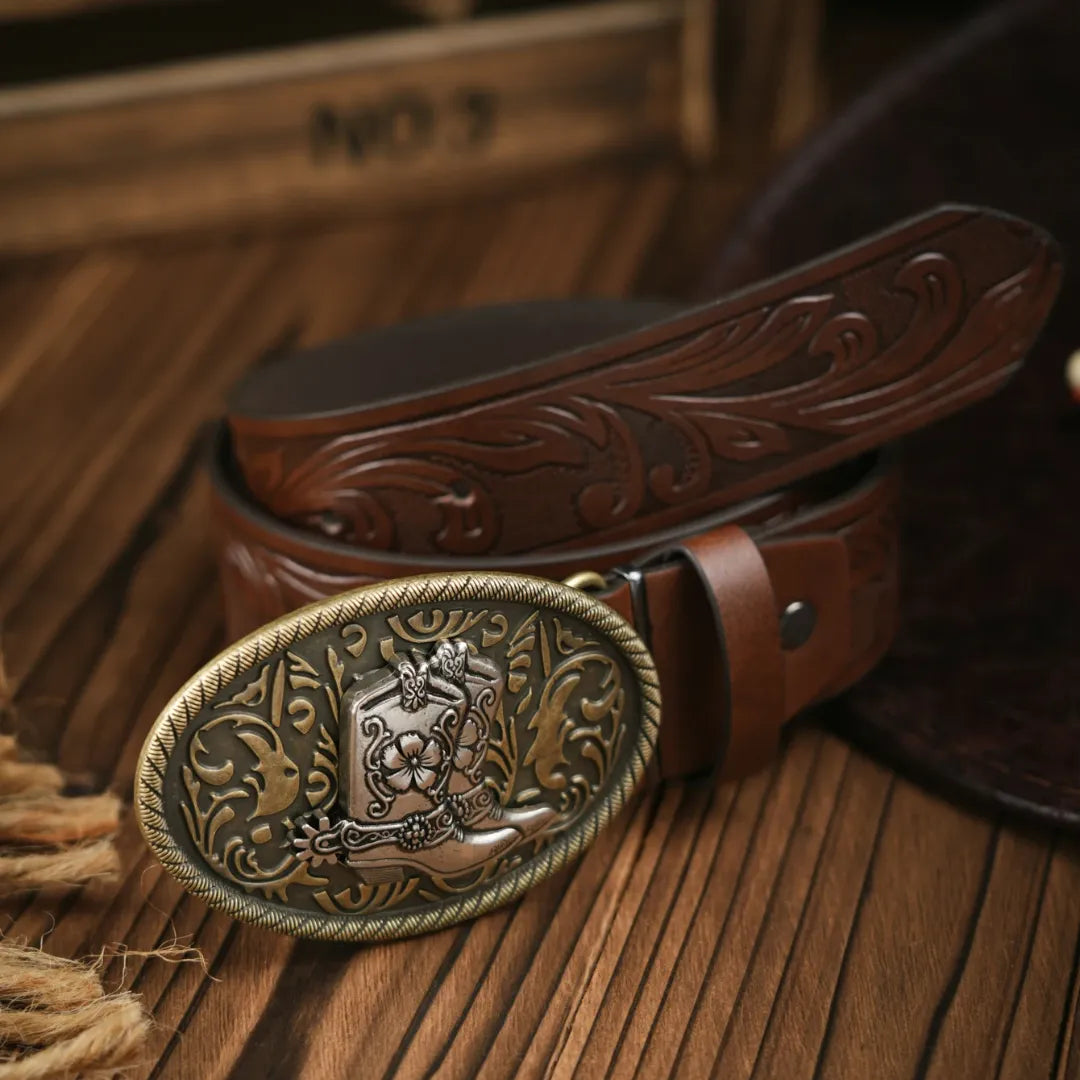 Cinto Country Fivela Bota com Flor Couro PU