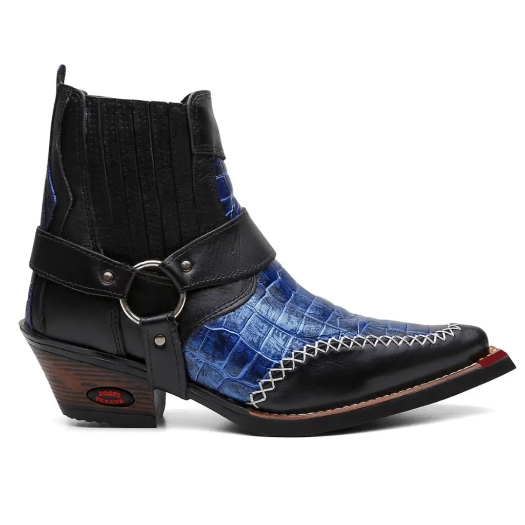Bota Country Texana com Cabresto Removível Azul Bico Fino