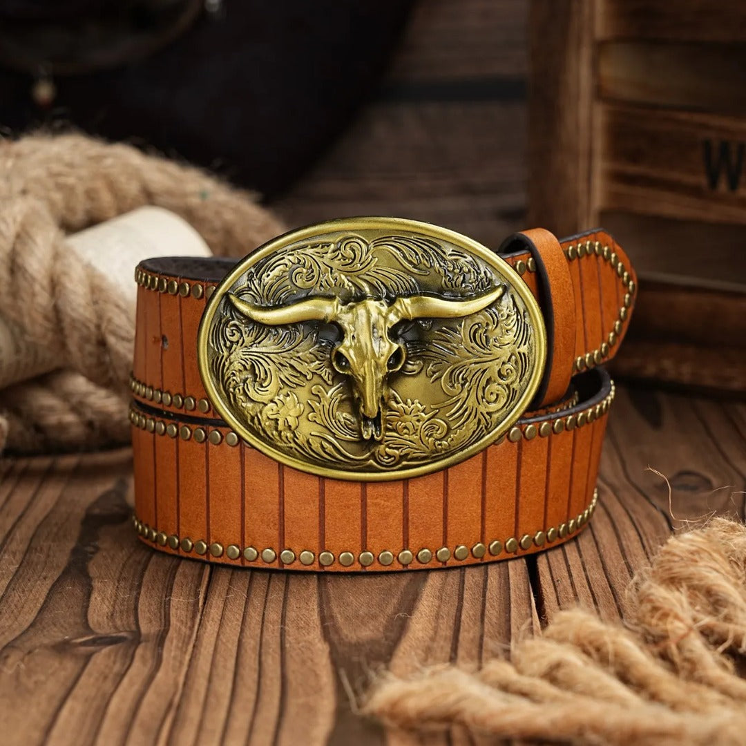 Cinto Country Fivela Cabeça Touro Long Couro PU