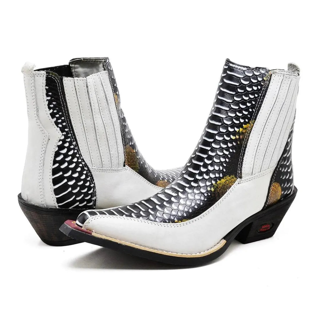 Bota Country Masculina Branco Gelo Estampado Bico Fino Couro Estilo Cobra