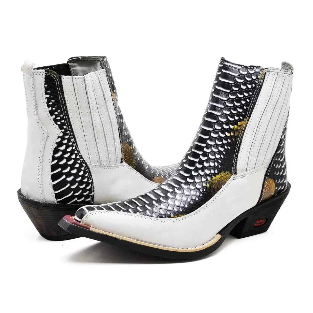 Bota Country Masculina Branco Gelo Estampado Bico Fino Couro Estilo Cobra