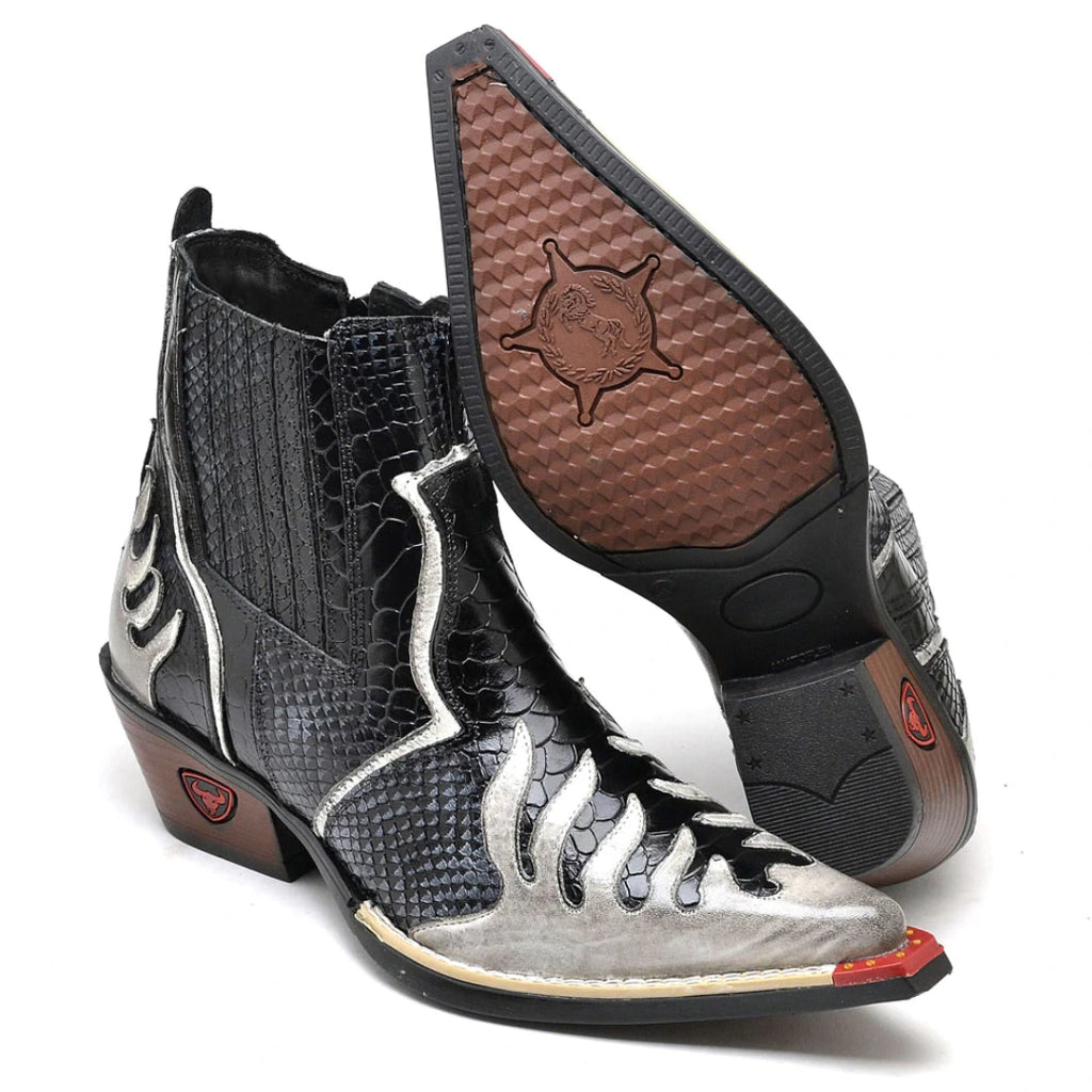 Bota Texana Masculina Bico Fino em Couro Exótico Branca e Preto Elegante