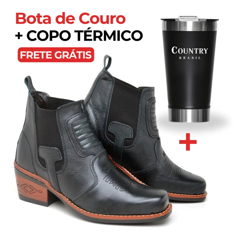 Bota Country Texana Couro 100% Legítimo - Preta + Copo Térmico GRÁTIS